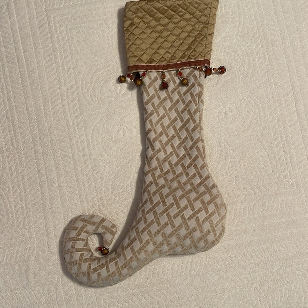 Christmas stocking tan / taupe with beads jester style